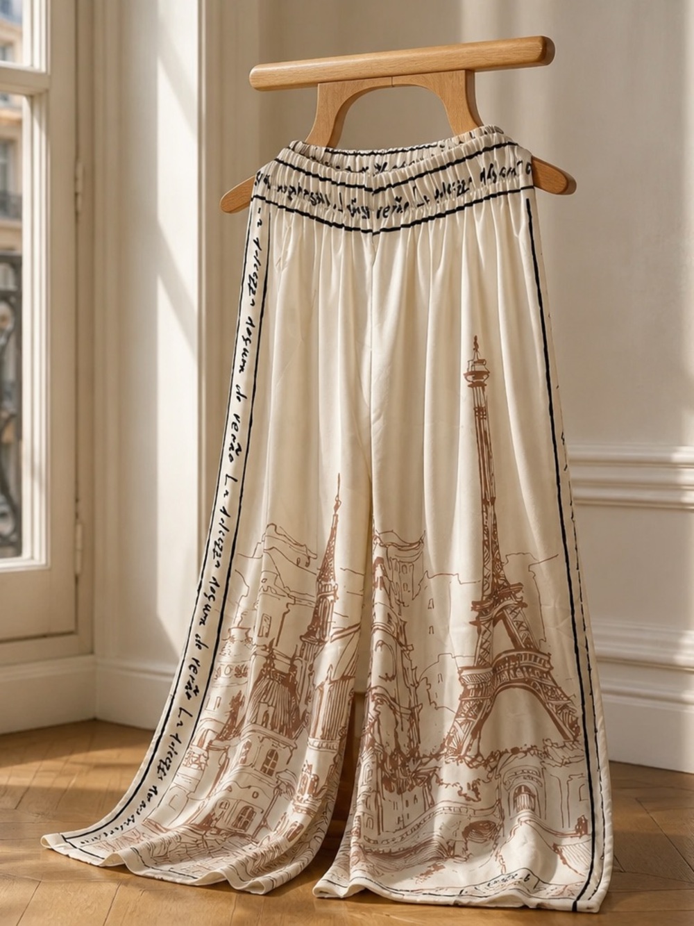 Women’s Beige Wide-Leg Pants with Paris Sketch Print, Made in Italy one size